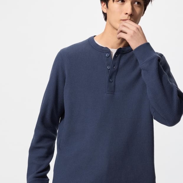 [L] 유니클로 와플 헨리넥T 긴팔 65블루 네이비