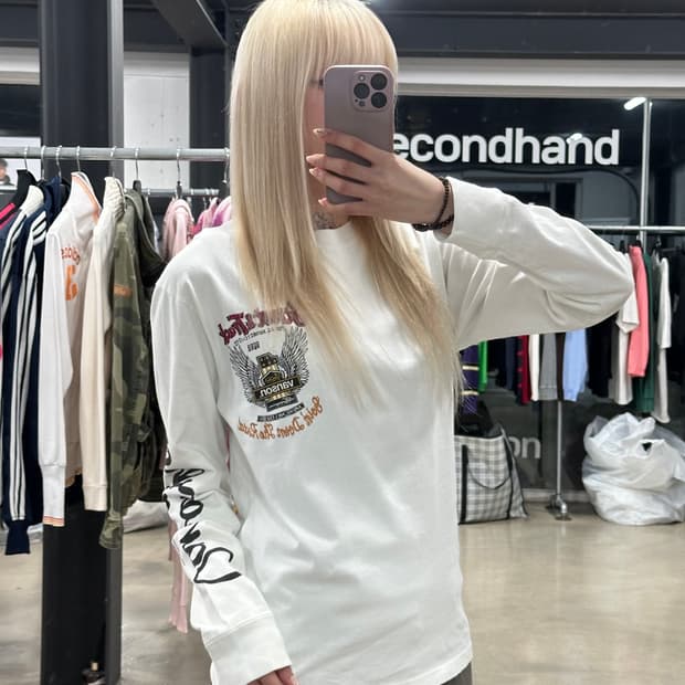 벤슨 화이트 모터 사이클 그래픽 백자수 긴팔 슬리브