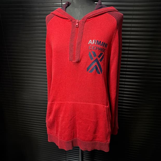 아르마니 익스체인지 알마니 레드 빨강 후드 반집업 골지 니트 고스 펑크