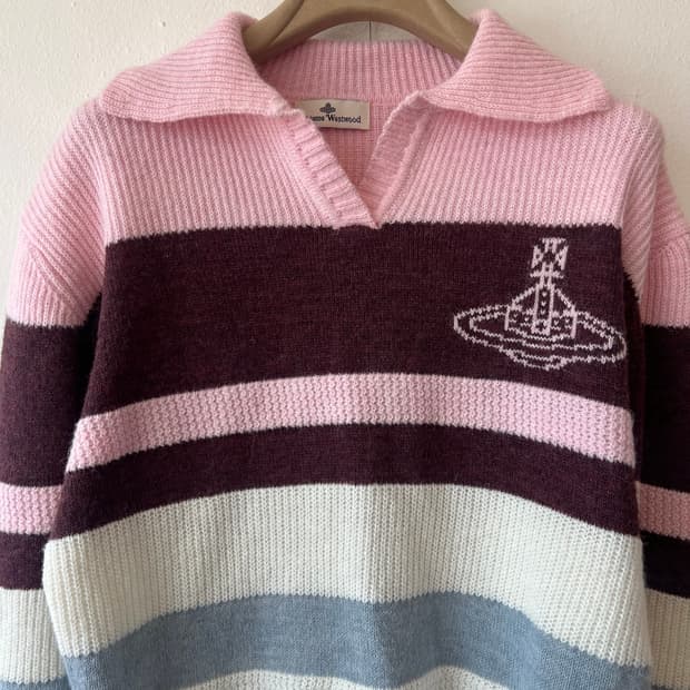 비비안 여성 핑크 스트라이프울니트 오픈카라니트 