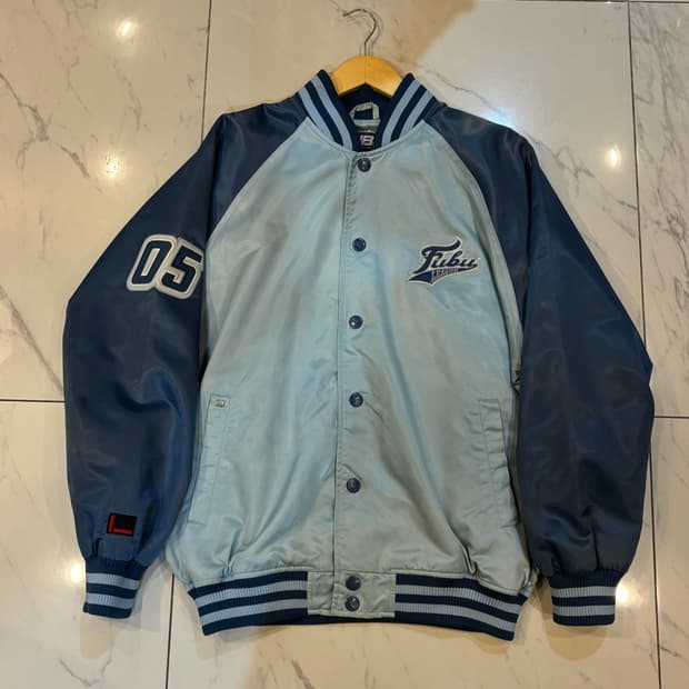 후부 백로고 올드스쿨 바시티 자켓 배색 야구잠바 하늘색