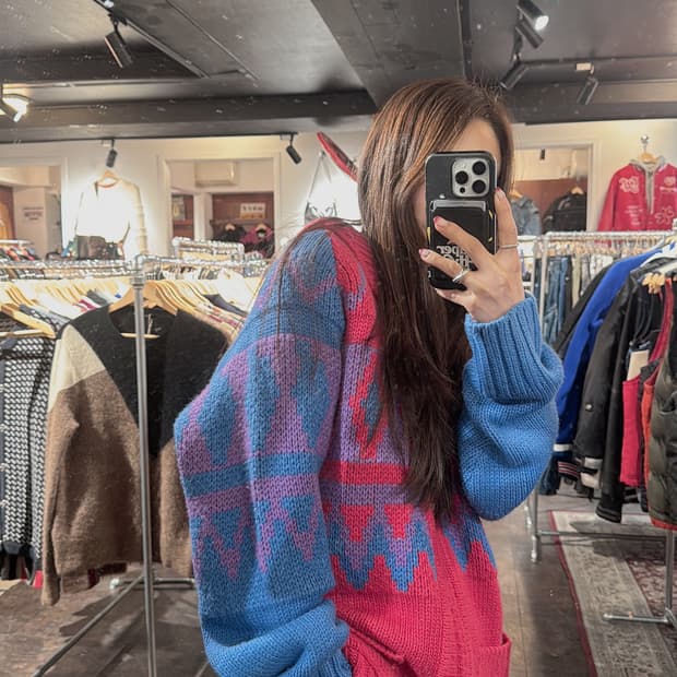 빈티지 컬러풀 노르딕 배색 패턴 오버핏 니트 집업 가디건 F