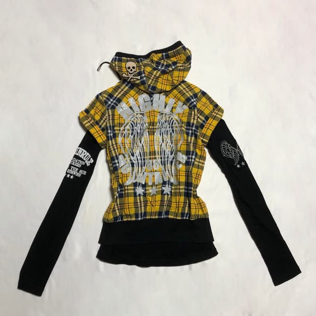 날개 레터링 체크 후드 집업 옐로우