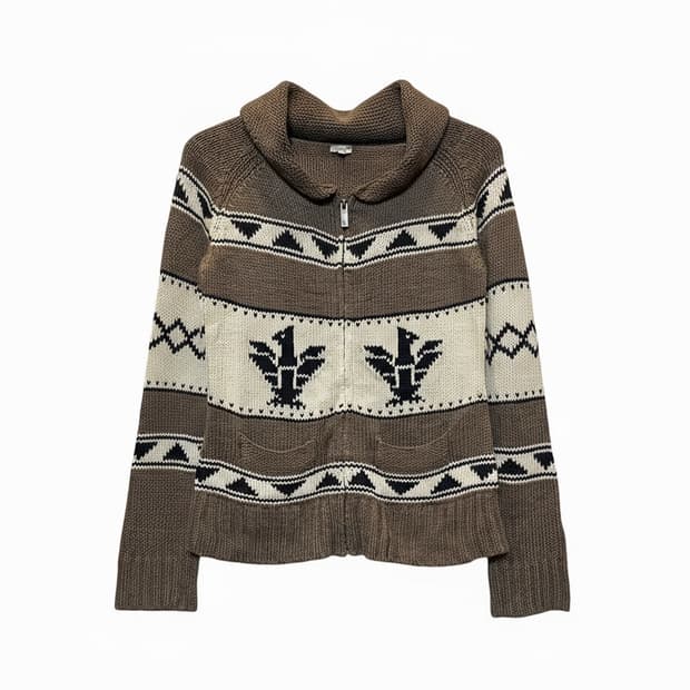 USA VINTAGE 코위찬 니트 집업 가디건 독수리 패턴 디테일 브라운