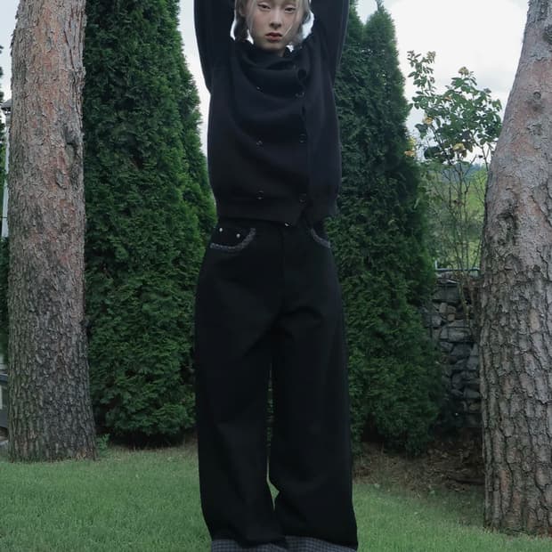 오피쉬 체크 롤업 코튼팬츠 블랙