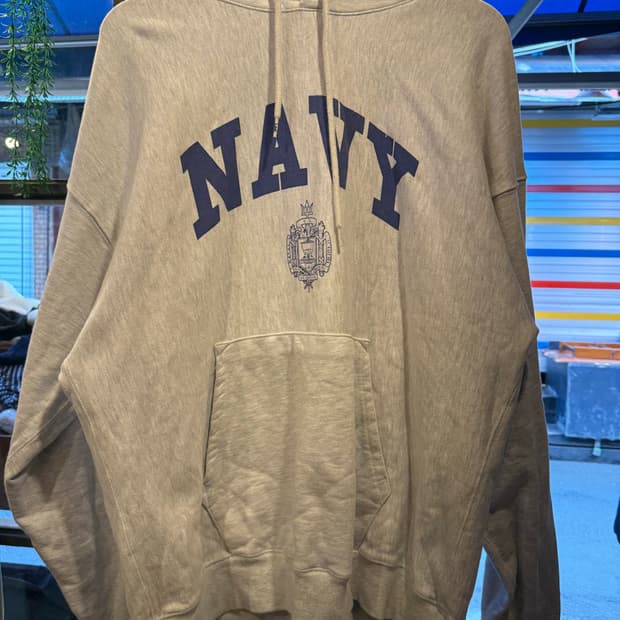 아웃스탠딩 네이비 로고 멜란지 후드티