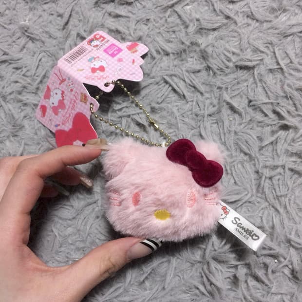 고전 희귀템 산리오 정품 핑크 헬로키티 얼굴 마스코트 퍼 키링
