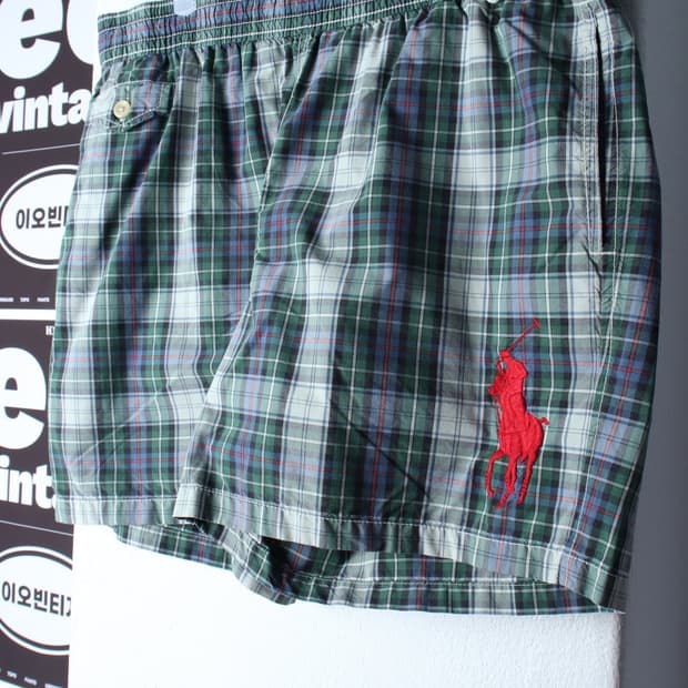 (L-XL) 폴로 랄프로렌 반바지 팬츠 체크 밴딩 그린 스윔-P10107