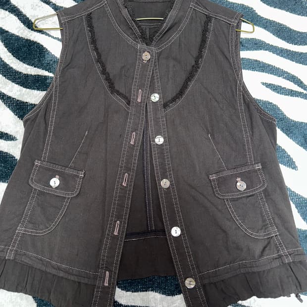 일본빈티지 니혼진깔 너드깔 브라운 프릴레이스 베스트 조끼 파우닝133