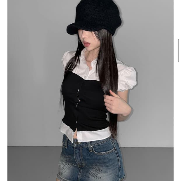 디에어타운 myaco bl 레이어드 반팔 블라우스  