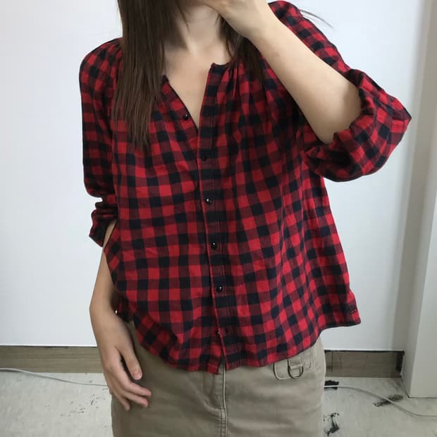 폴로 랄프로렌 체크 셔링 블라우스