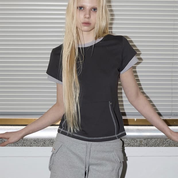 렌세 스티치 포켓 레이어드 반팔 카고 팬츠 세트 차콜