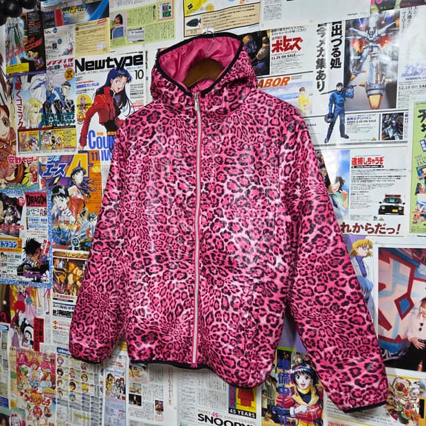 JPN 갸루 핑크 호피 후드 누빔 바람막이