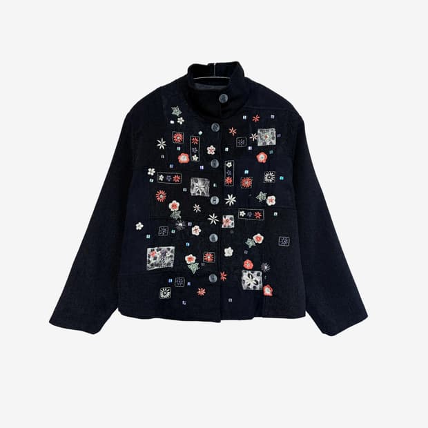 Floral Patchwork Knit Blouson - Black