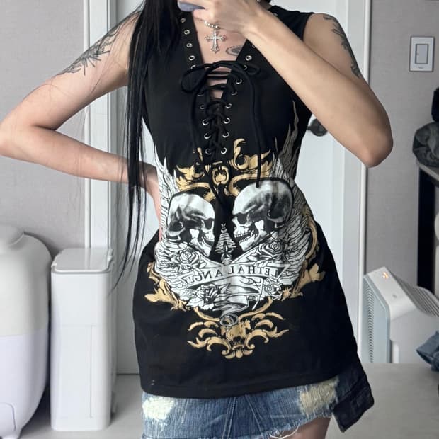 ༒ Skull print eyelet sleeveless