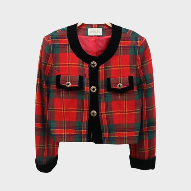 BELLMEA'D 레드 체크 울 크롭 자켓 60405