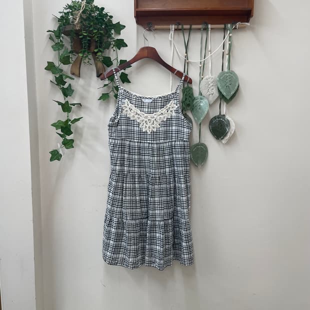 모리 페어리 레이스 포인트 체크 캉캉 끈나시 원피스