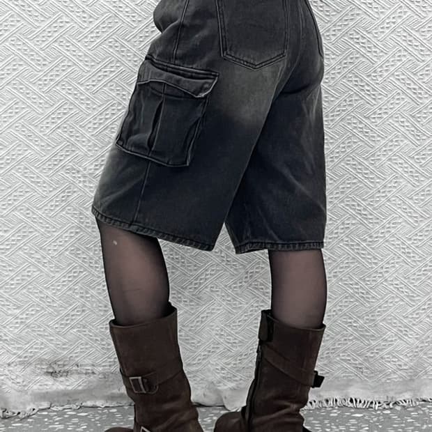 어반드레스 빈티지 캐주얼 스트릿 흑청 데님 카고 반바지 S C11007