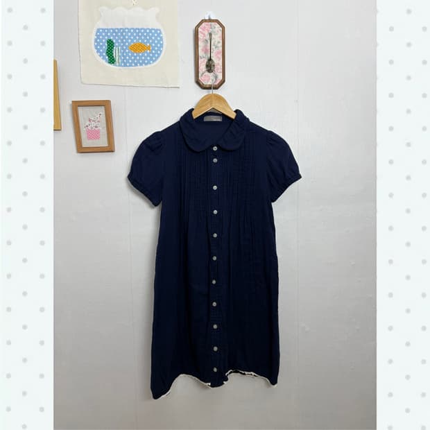 네이비 둥근 카라 반소매 원피스
