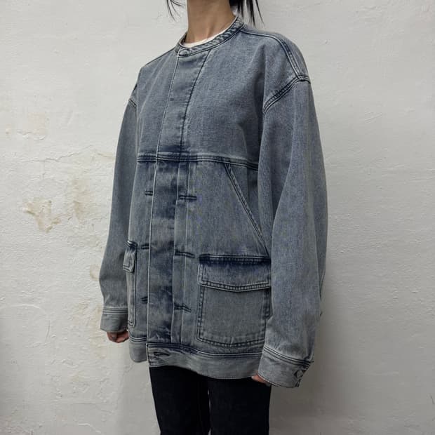  INHERIT 라이트블루컬러 워시드 논칼라 빅실루엣 13oz 데님 자켓