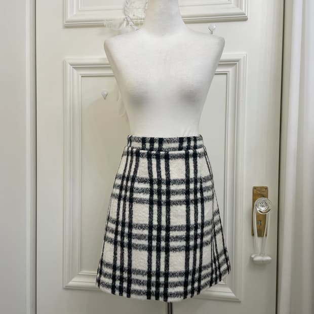ivory black check wool midi skirt