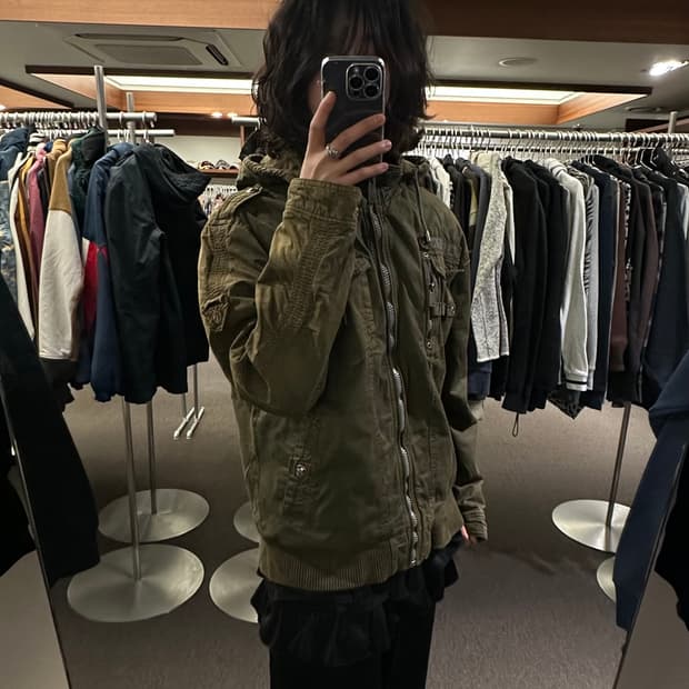 2XL)P-STONE 빈티지 밀리터리 후드 야상 자켓