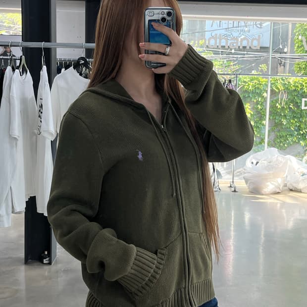 폴로 포니 코튼 루즈 후드니트집업 카키