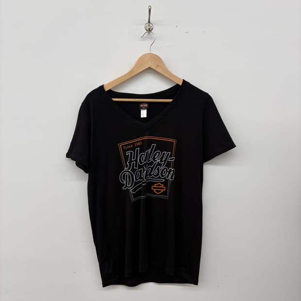할리데이비슨 블랙 V넥 반팔 티셔츠 여성 L