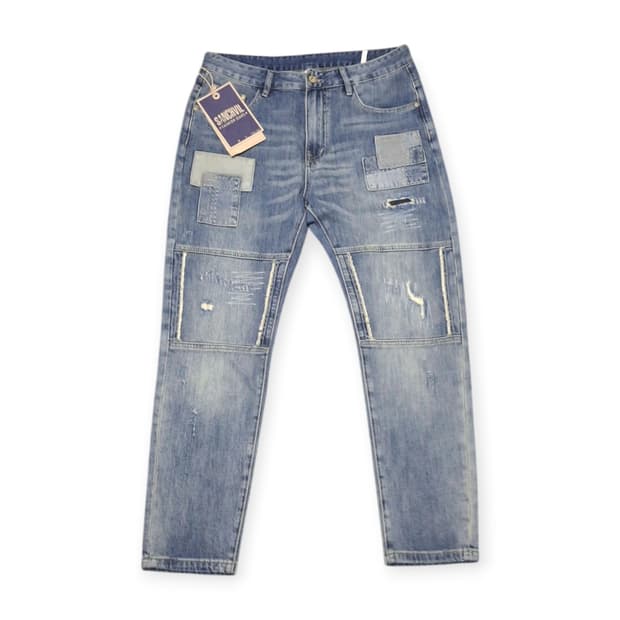 34)SANCHVL 패치워크 데님팬츠 연청 워싱 찢청 스트릿 빈티지