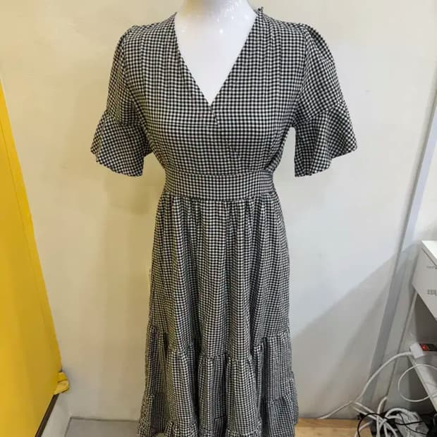 vtg 깅엄 체크 V넥 플레어 롱 원피스