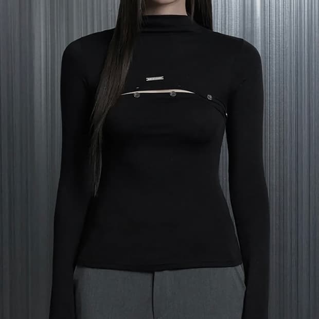 에트오소매  Button Split Long Sleeve Tee 