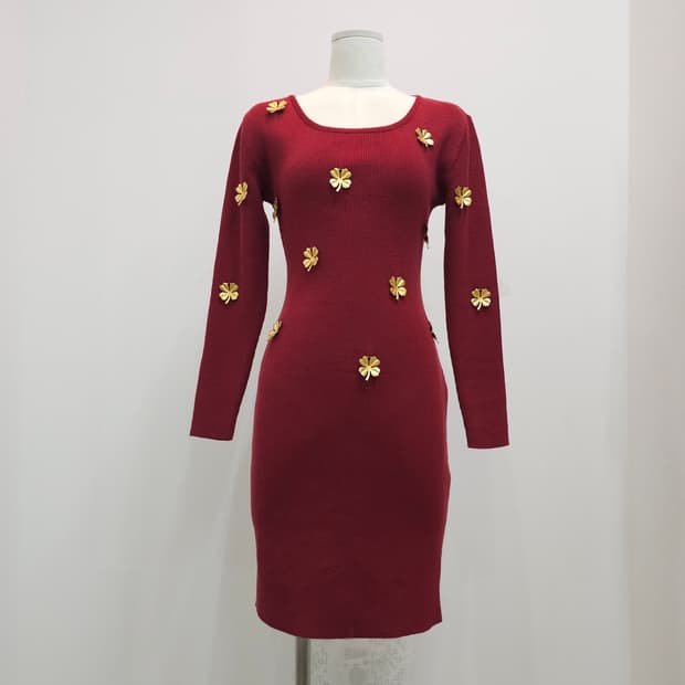 울100% 골드 플라워 슬림핏 골지 니트 원피스