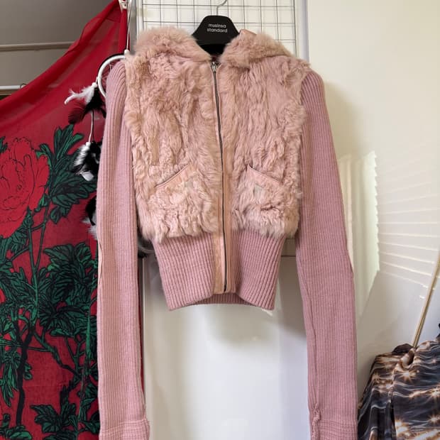 빈티지 래빗퍼 후드 니트 퍼자켓 퍼집업