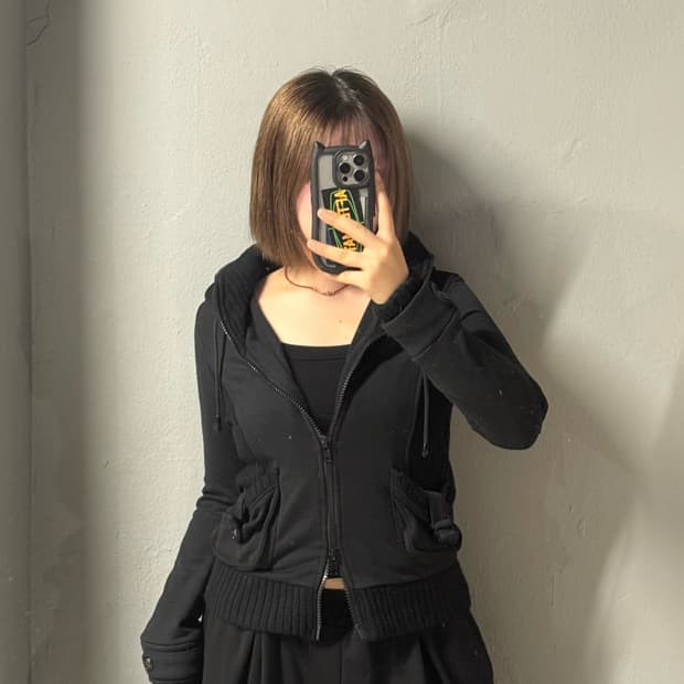 ribbed detail layered collar hood zip-up
