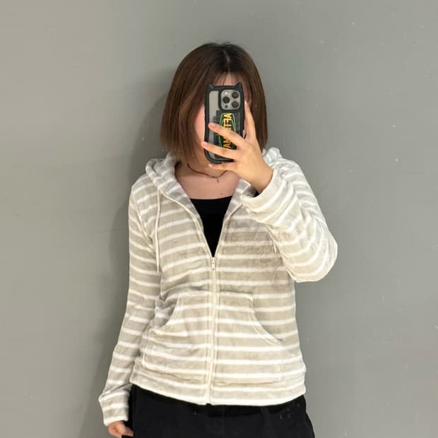 stripe pattern fleece hood zip-up