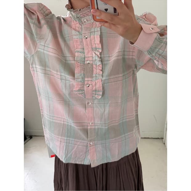 일본빈티지 민트핑크 프릴 블라우스