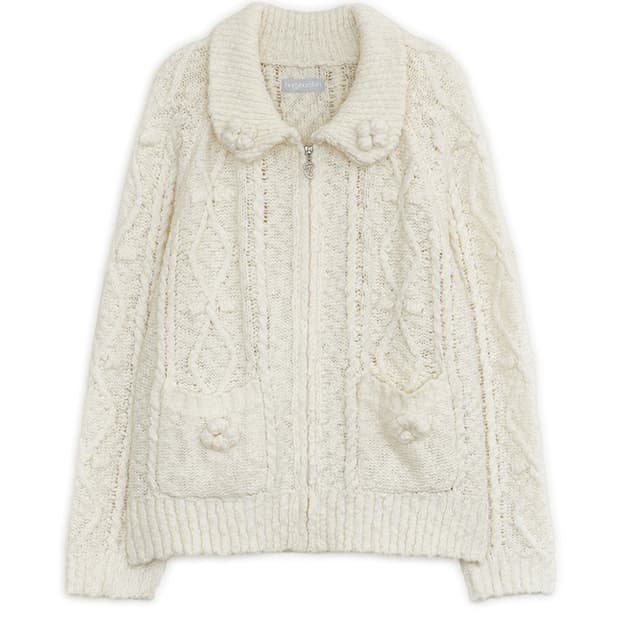 허그유어스킨 팝콘 니트집업 버터