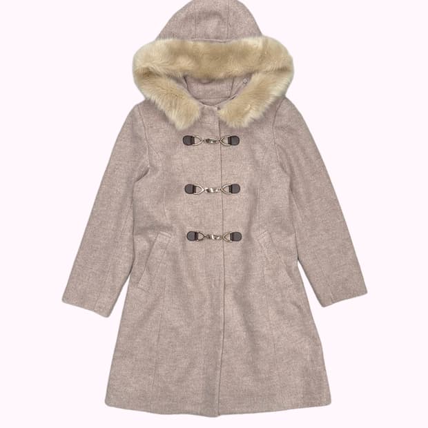 pink melange fur hood duffle coat