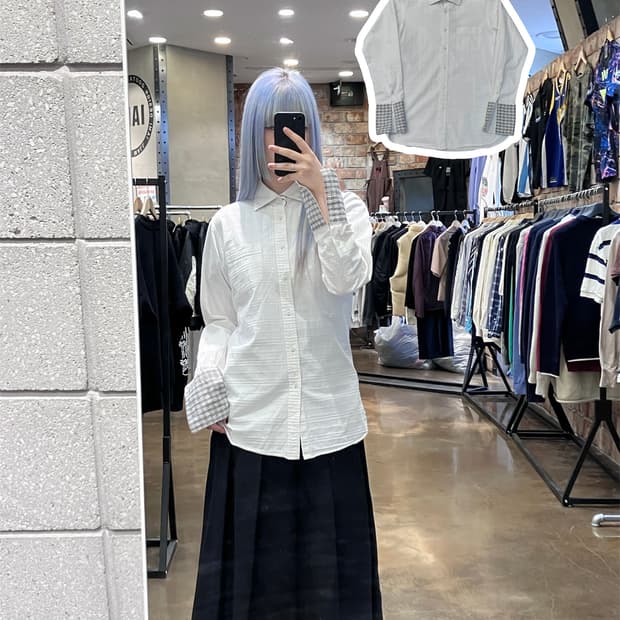 버버리 블랙라벨 체크 커프스 셔츠 화이트   #csz4155