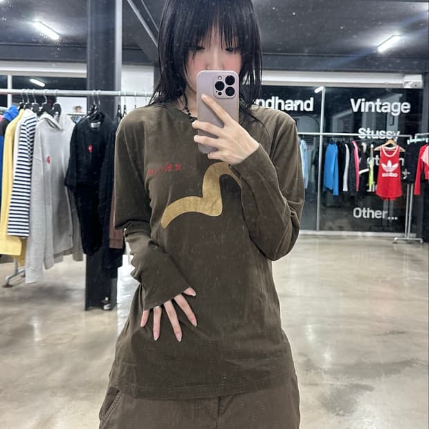 에비수 카키 브라운 얇은 긴팔 롱슬리브