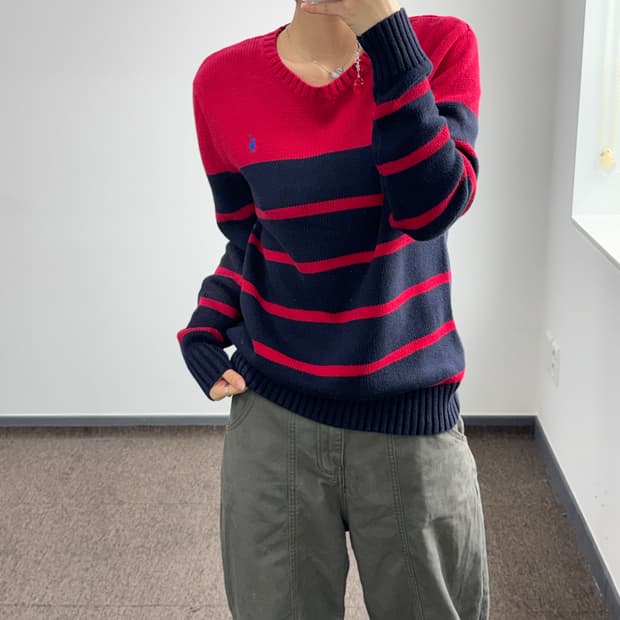 Polo 폴로 블루 포니 레드 네이비 단가라 니트