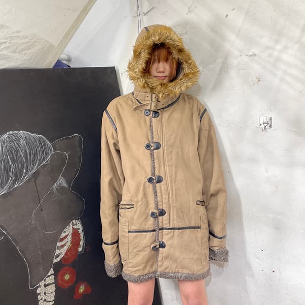 일본빈티지 밀리터리 울프죠 모카 베이지 퍼 후드 자켓 개파카 야상 L