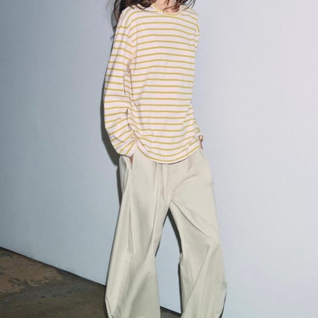 자라 - 코튼-린넨 스트라이프 티셔츠 (파스텔 로즈 M사이즈)