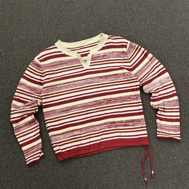 OS)빈티지 여성 스트라이프 스트링 카라 니트 스웨터