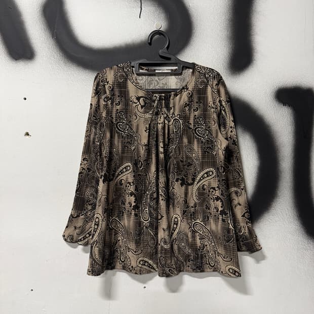 VTG 빈티지 오리엔탈 페이즐리 풀 패턴 퍼프 슬리브 롱슬리브 블라우스