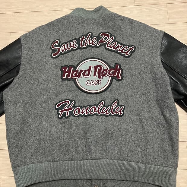 하드락카페 그레이 바시티 자켓 XL / 울 레더 슬리브