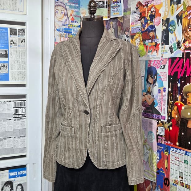 JPN 스트라이프 원버튼 브라운 코튼 블레이저 자켓