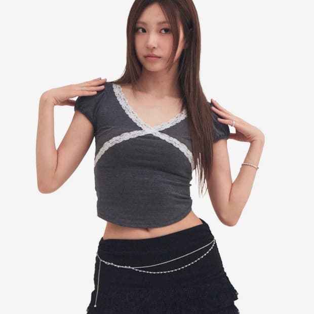 (새상품) 포어링 forusring 백 리본 퍼프 티 차콜 s