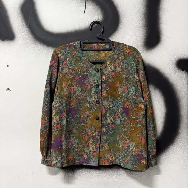 VTG 빈티지 뮤트톤 오리엔탈 패턴 논카라 버튼 자켓