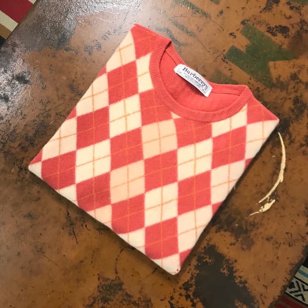 버버리 톤다운 오렌지 아가일 패턴 반팔 울 니트 여성 55 